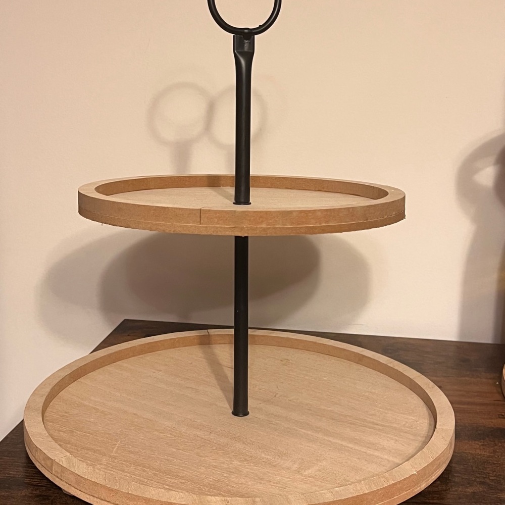 Two-Tier Wooden Stand with Black Metal Handle
